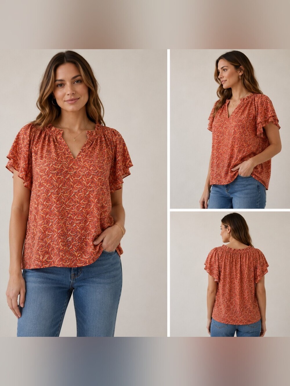 NWT Anthropologie Pleione Short Sleeve Blouse Orange Floral Wheat Women's Medium